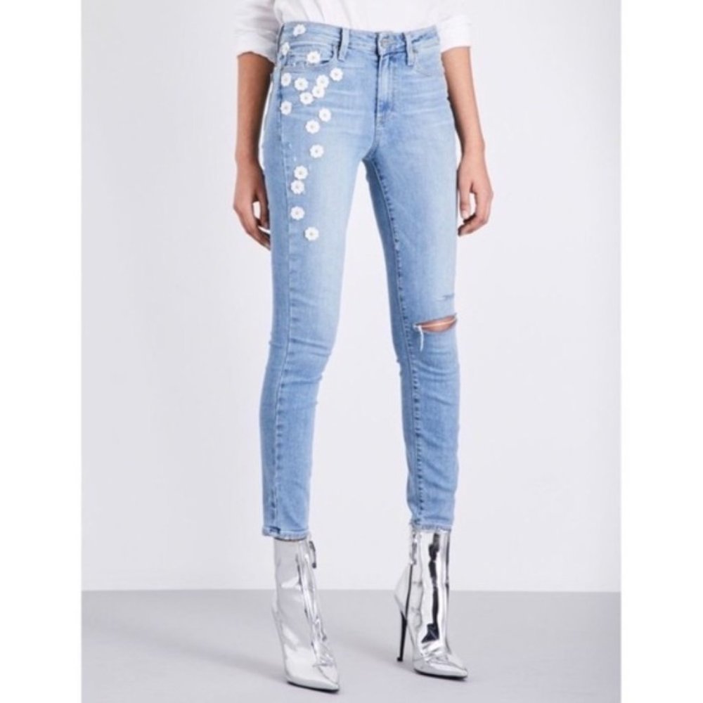 PAIGE Sky Blue Skinny Jeans with White Floral Details